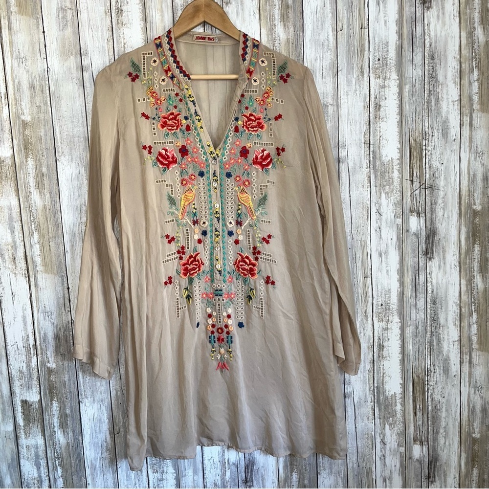Johnny Was Floral Bird Eyelet Embroidered Tan Long Sleeve Tunic - Picture 1 of 7